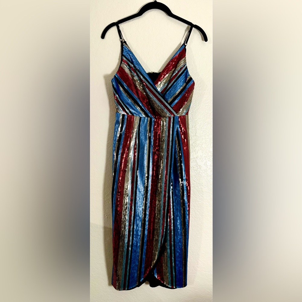 Vici Sequin Striped Midi Dress in Red, Blue, and Silver